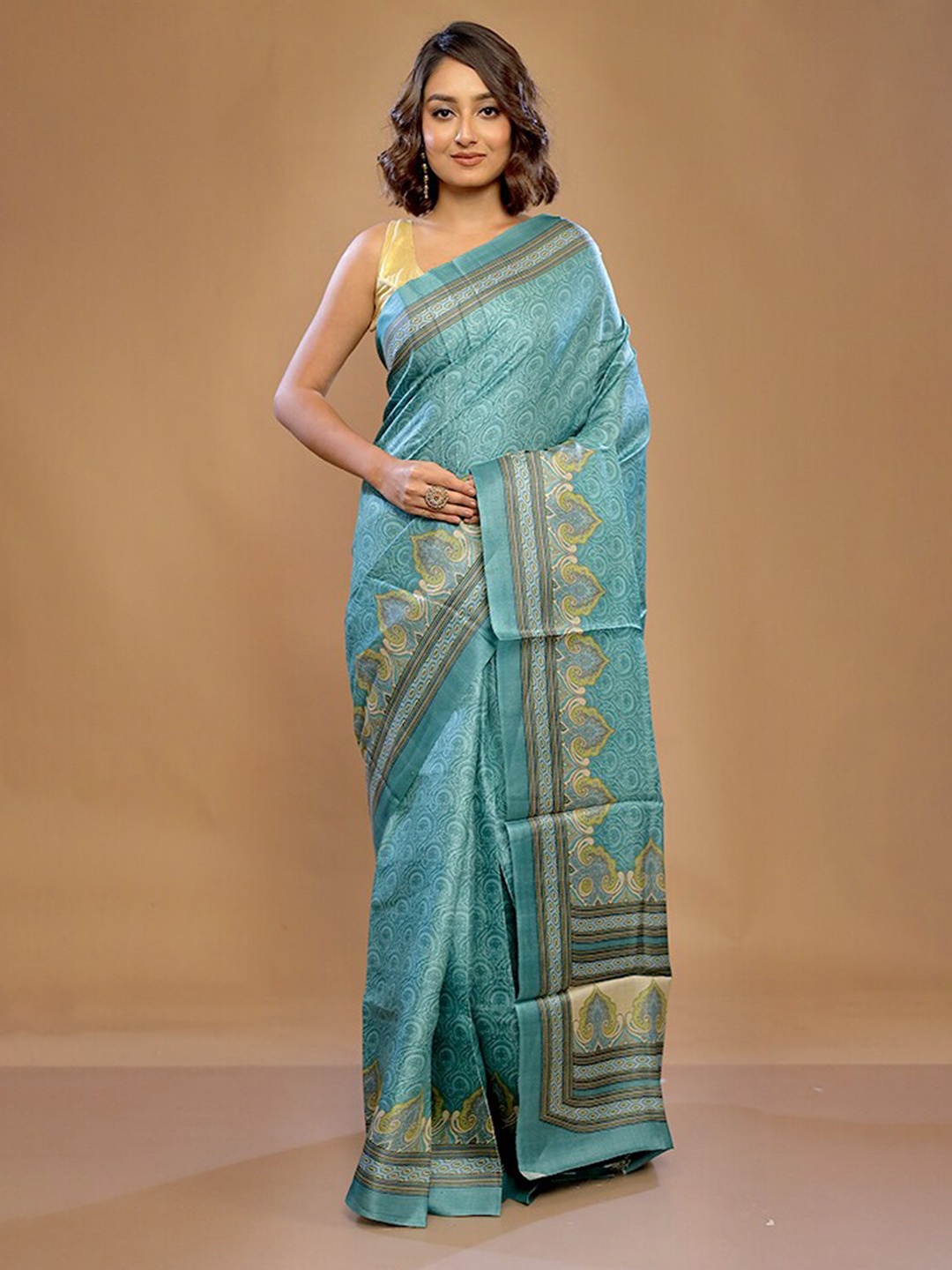 

AllSilks Ethnic Motifs Printed Pure Silk Tussar Saree, Blue