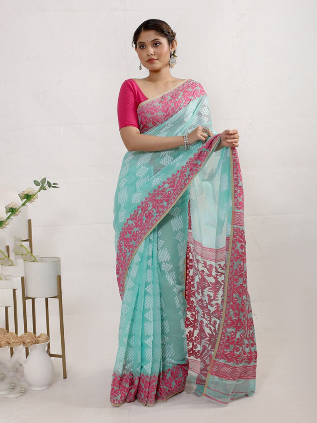 

AllSilks Geometric Printed Pure Cotton Jamdani Saree, Green