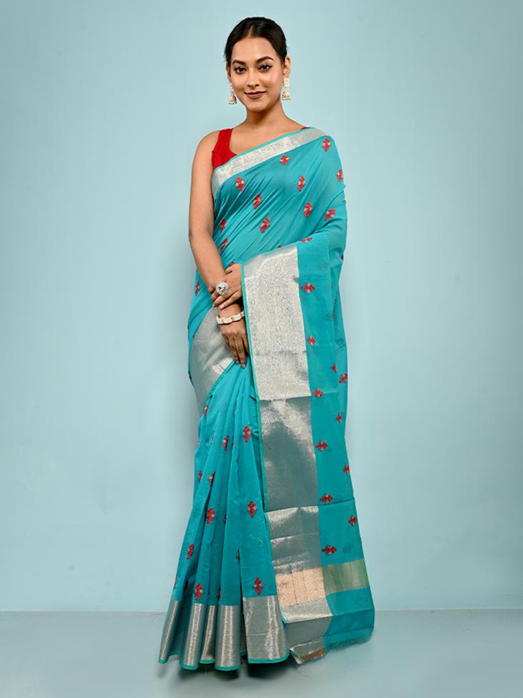 

AllSilks Floral Embroidered Zari Pure Cotton Saree, Blue