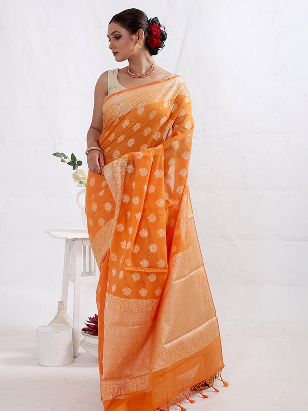

AllSilks Ethnic Motifs Silk Woven Design Zari Detail Cotton Saree, Orange