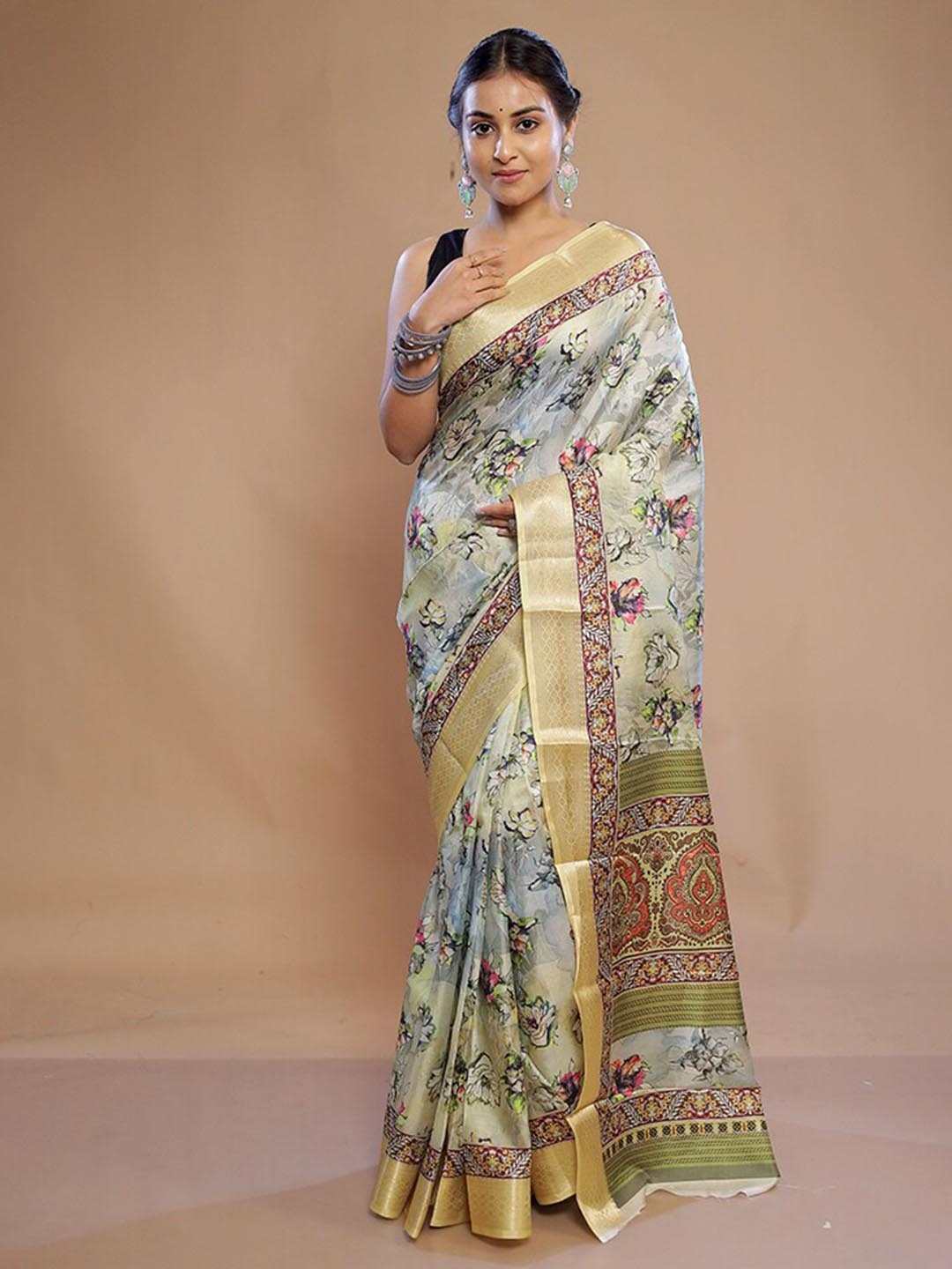 

AllSilks Floral Printed Saree, Cream