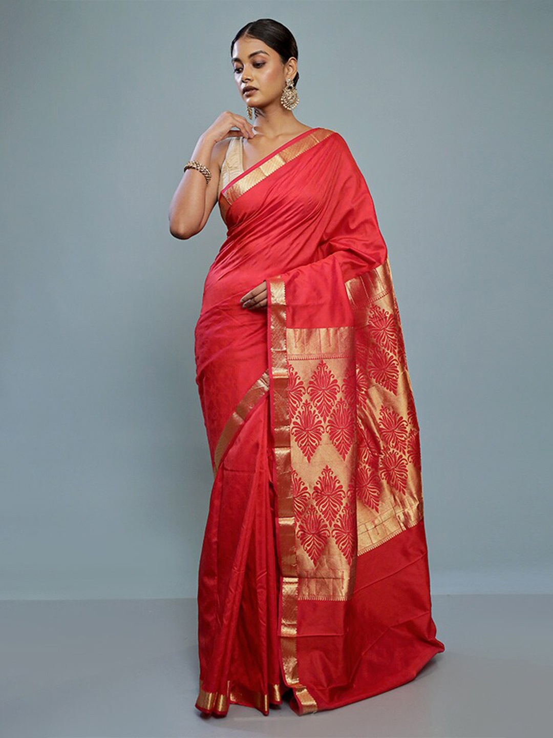 

AllSilks Woven Design Border Detail Pure Silk Kanjeevaram Saree, Red