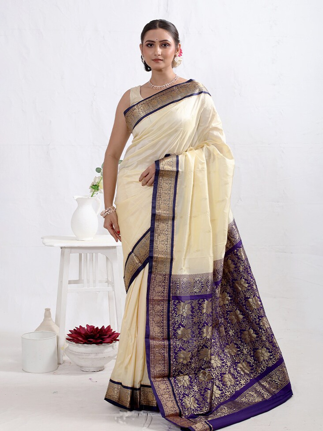 

AllSilks Zari Pure Silk Kanjeevaram Saree, Cream