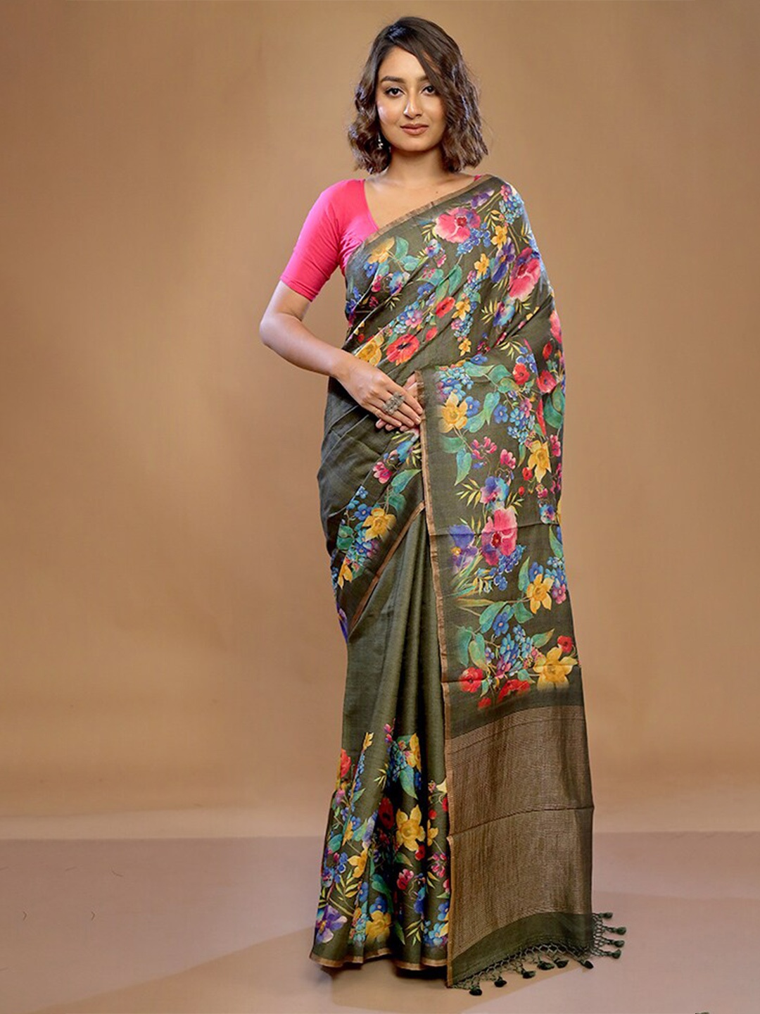 

AllSilks Floral Printed Zari Pure Silk Tussar Saree, Green