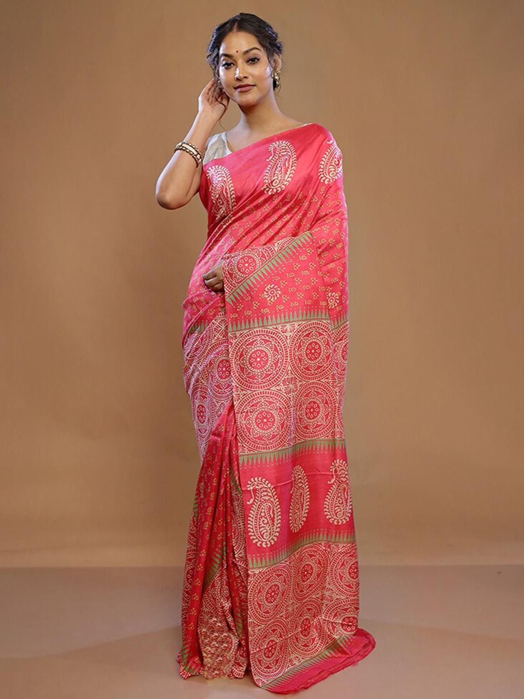 

AllSilks Ethnic Motifs Printed Pure Silk Murshidabad silk Saree, Pink