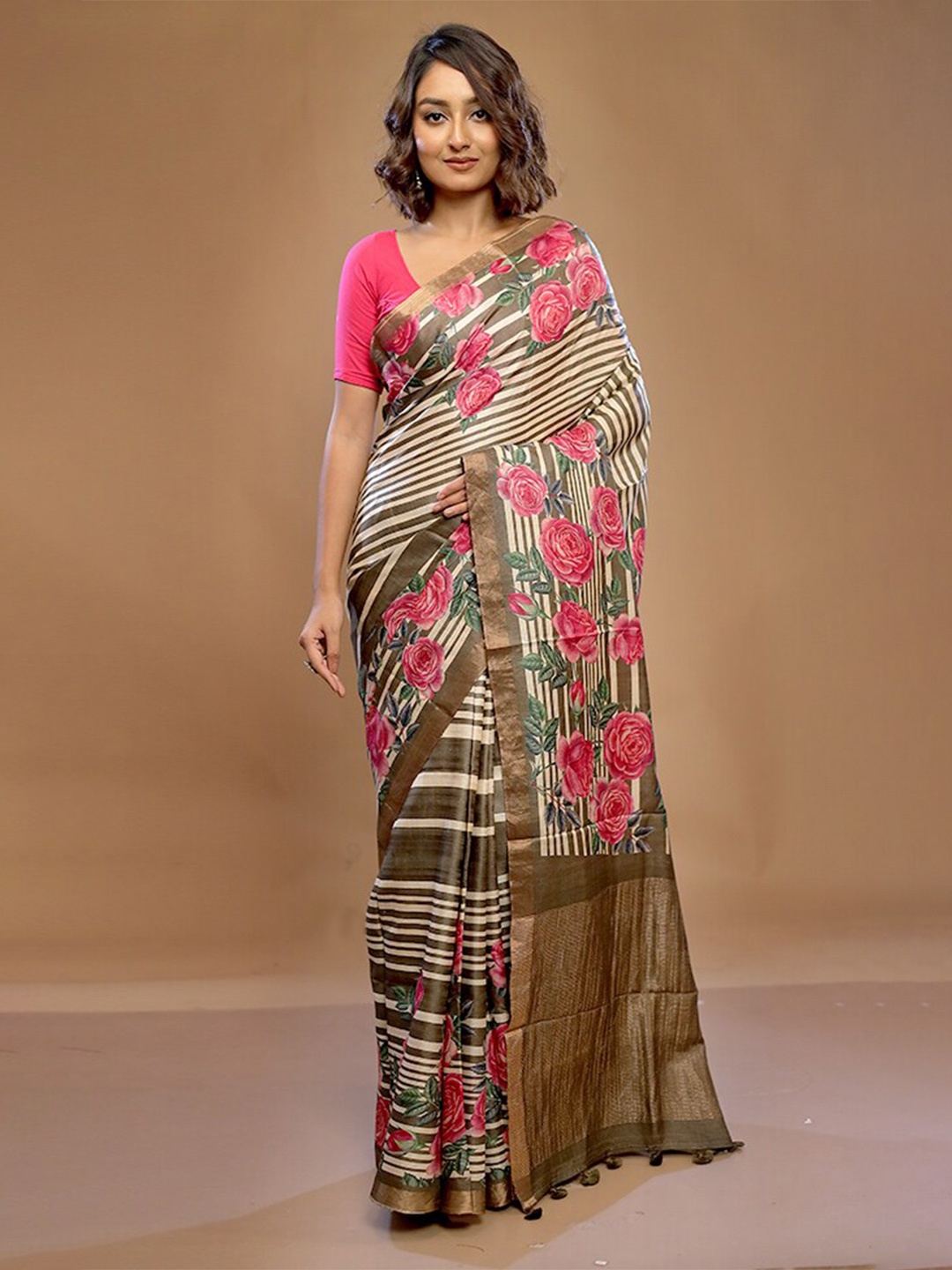 

AllSilks Floral Printed Zari Pure Silk Tussar Saree, Cream