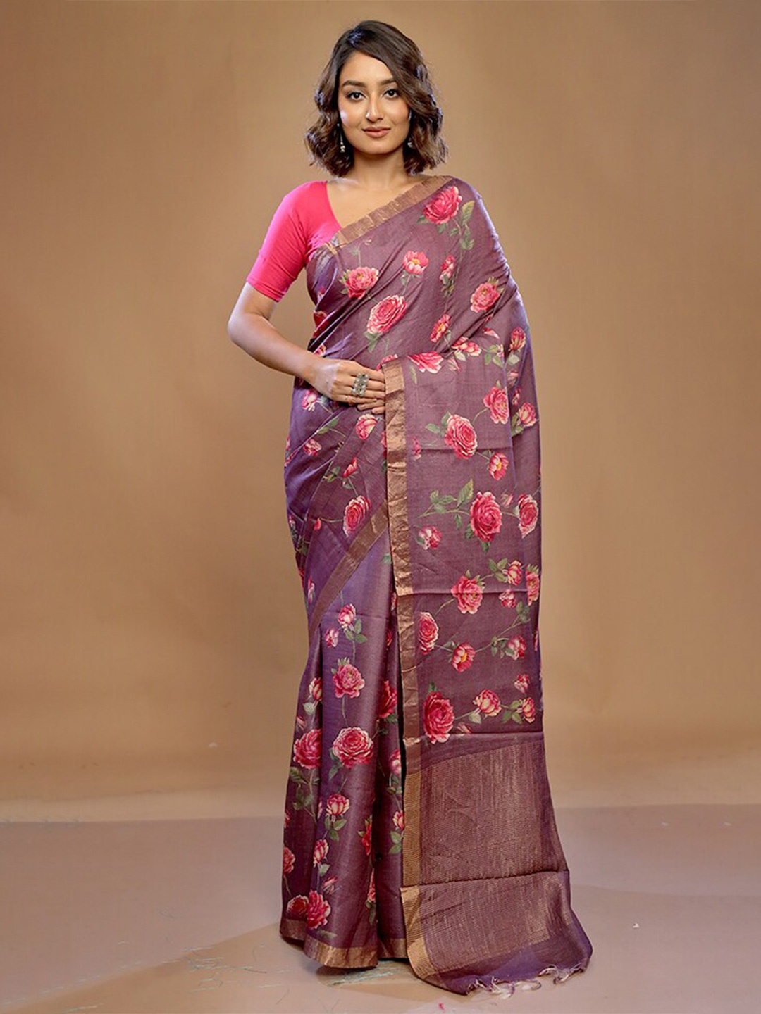 

AllSilks Floral Printed Pure Silk Tussar Saree, Purple