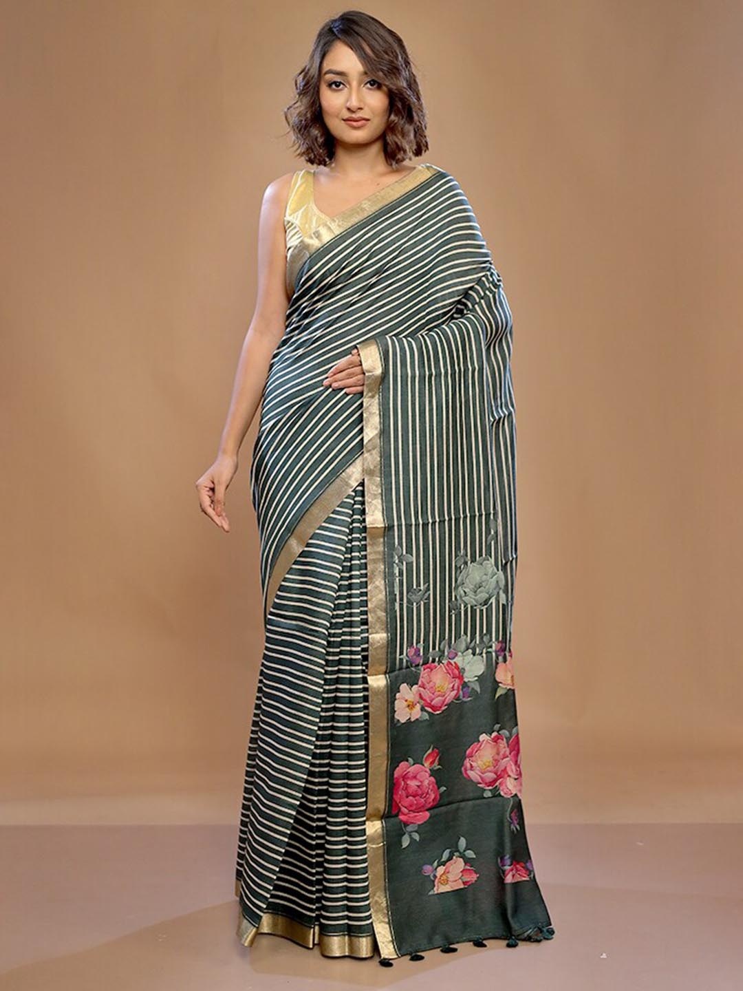

AllSilks Striped Zari Pure Silk Tussar Saree, Green