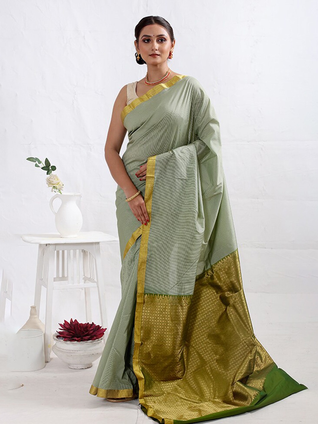 

AllSilks Ethnic Motifs Woven Design Zari Pure Silk Kanjeevaram Saree, Green