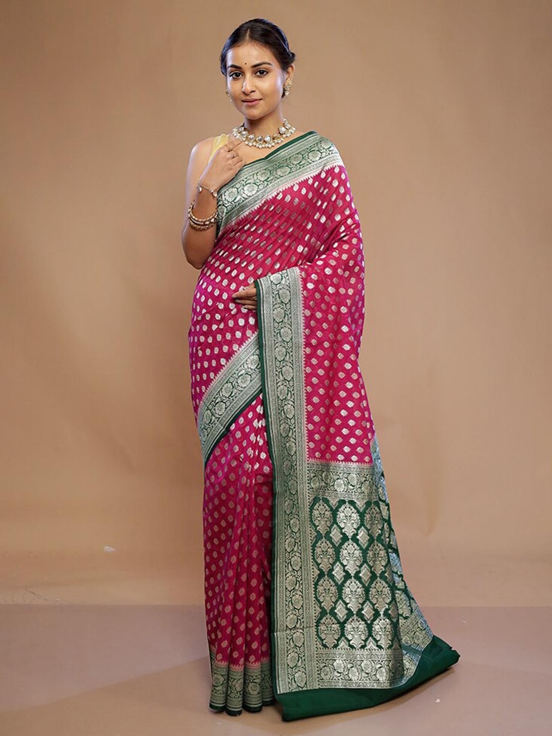 

AllSilks Ethnic Motifs Woven Design Silk Blend Saree, Pink