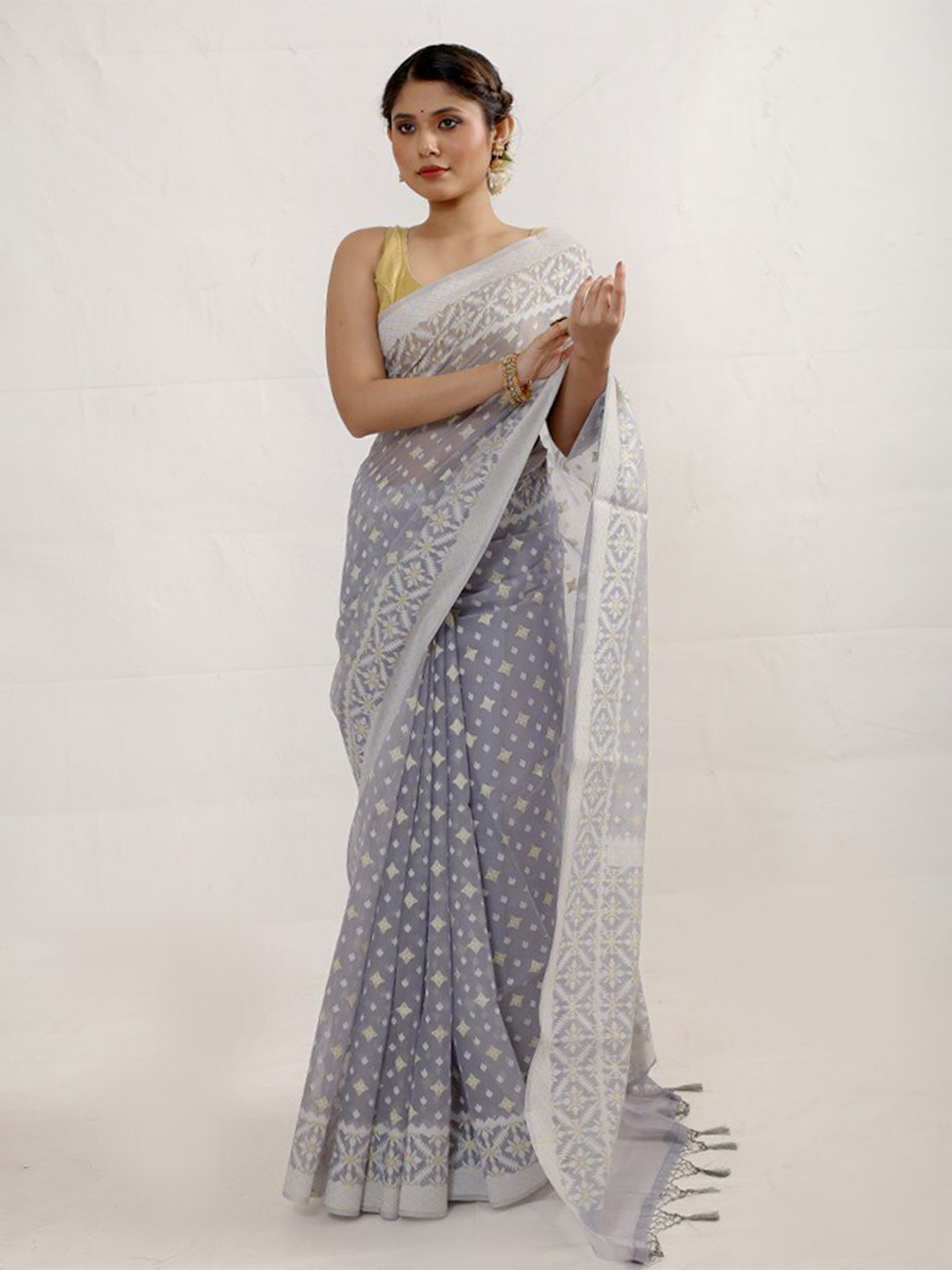 

AllSilks Ethnic Motifs Woven Designed Silk Cotton Saree, Grey