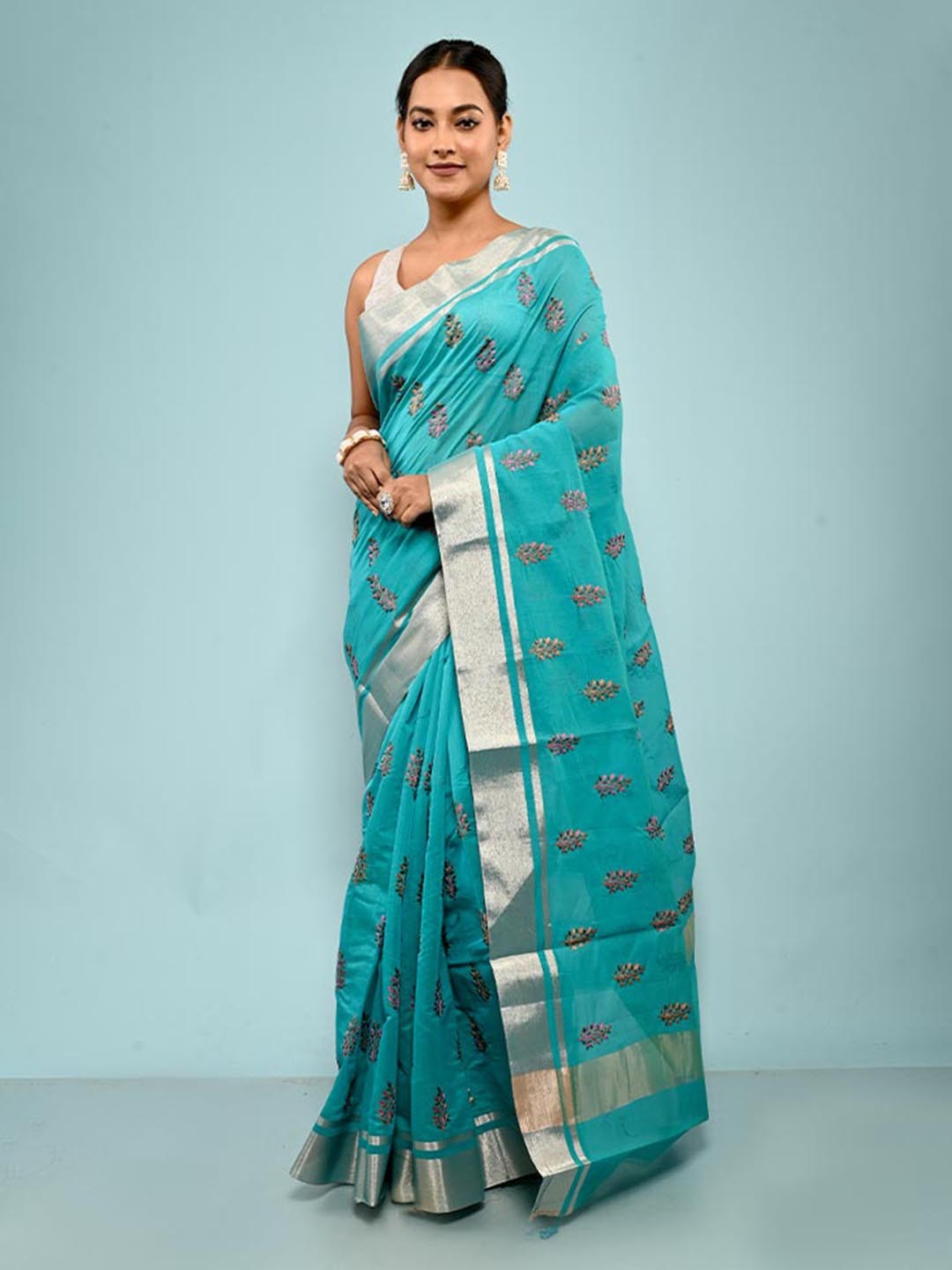

AllSilks Floral Embroidered Zari Saree, Blue