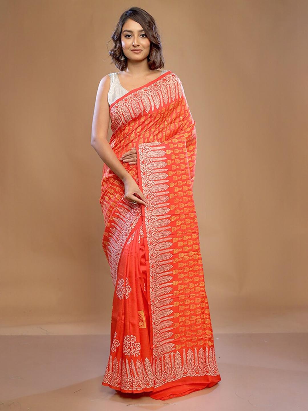 

AllSilks Ethnic Motifs Printed Pure Silk Murshidabad silk Saree, Orange
