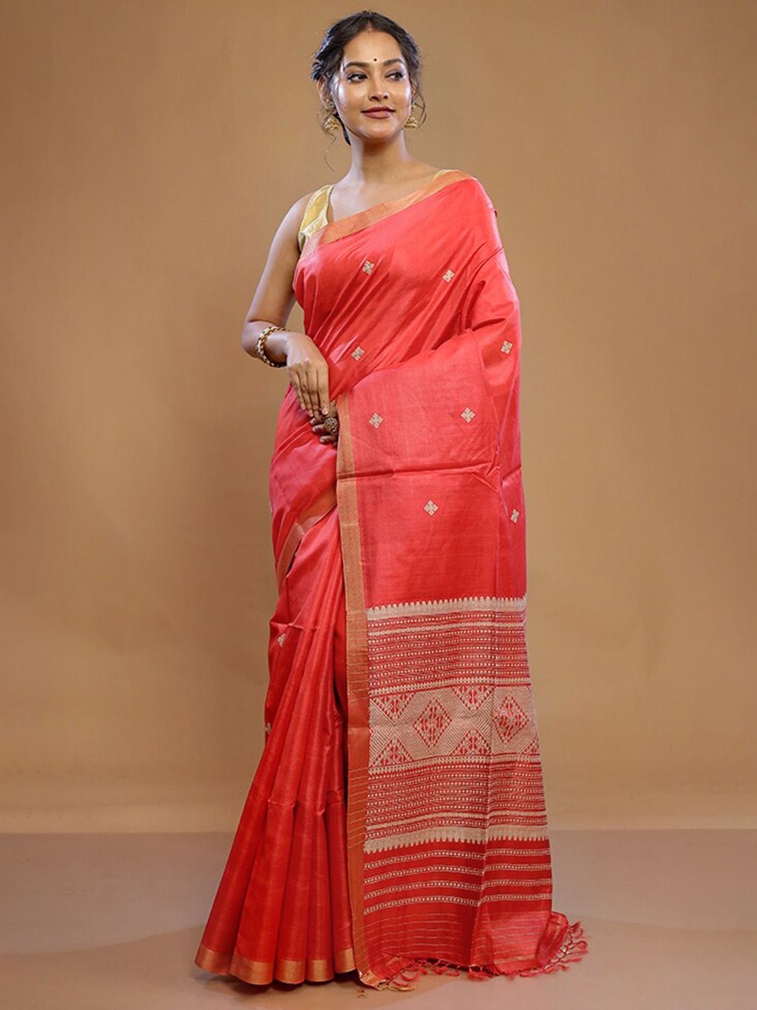 

AllSilks Embroidered Pure Silk Tussar Saree, Red