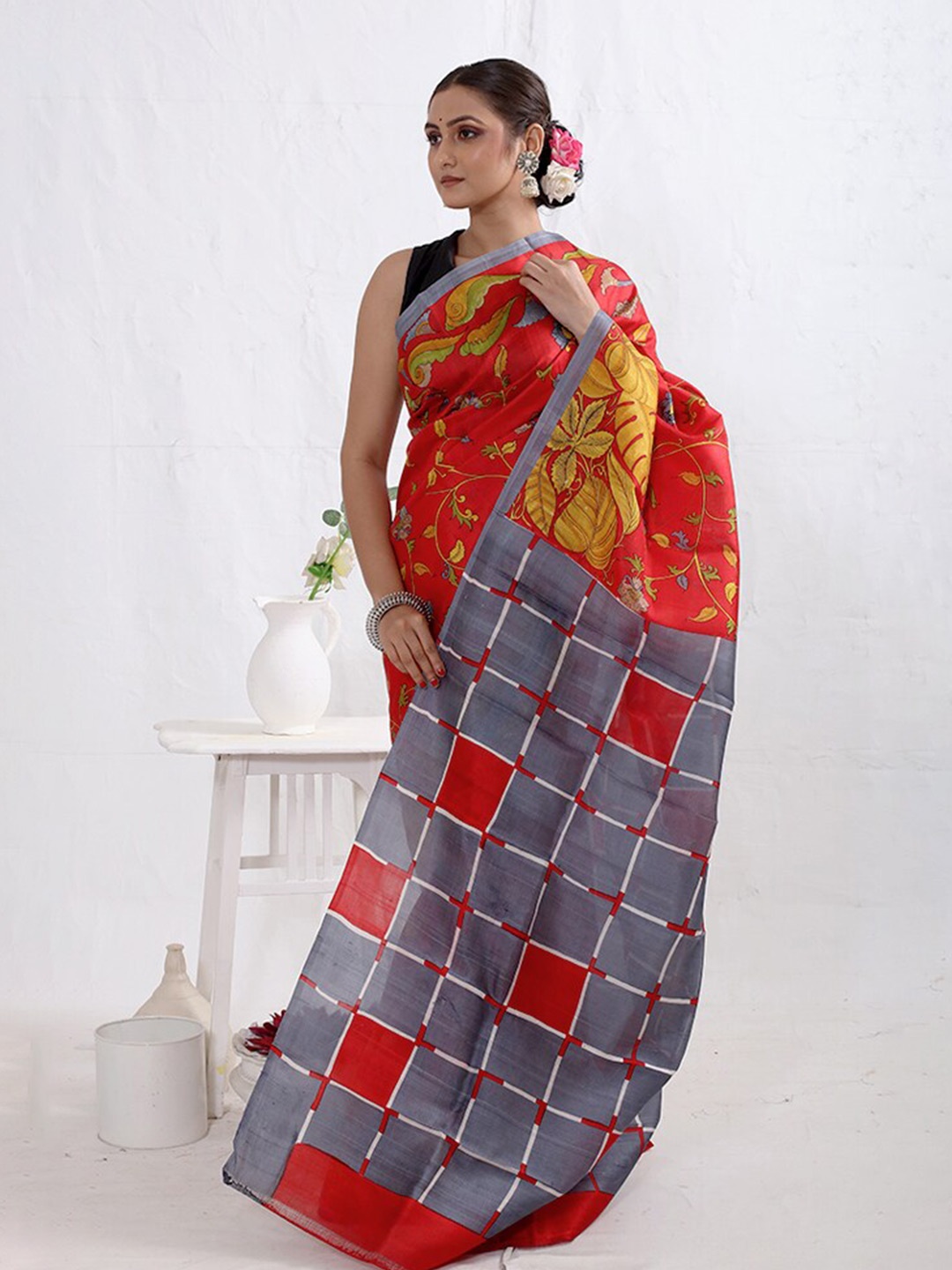 

AllSilks Floral Printed Pure Silk Murshidabad Silk Saree, Red