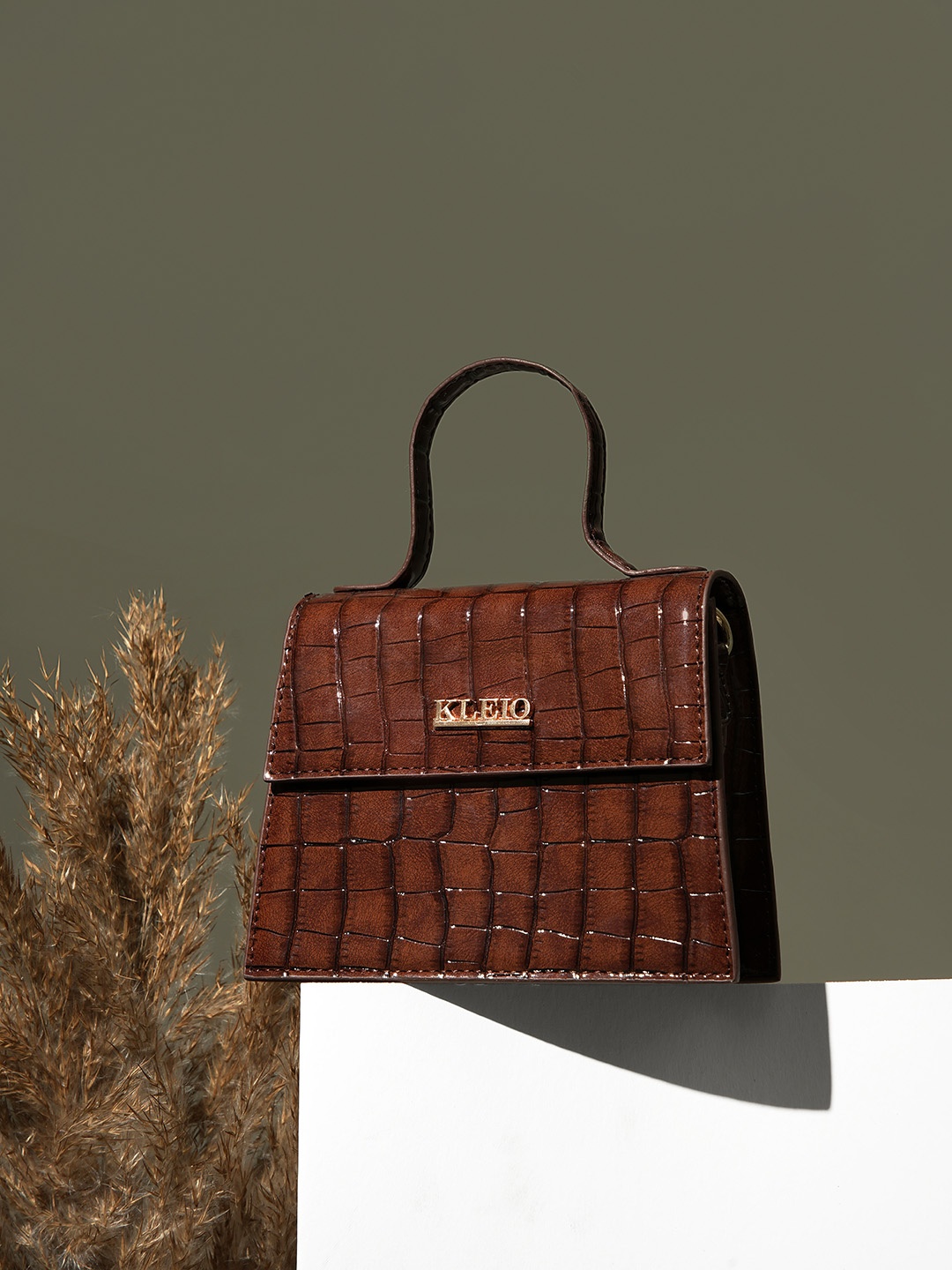 

KLEIO Textured Structured Small Satchel Bag, Brown
