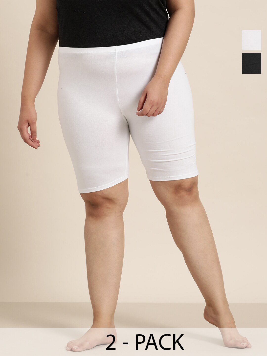 

Sztori Women Plus Size Pack Of 2 High-Rise Pure Cotton Lounge Shorts, Black