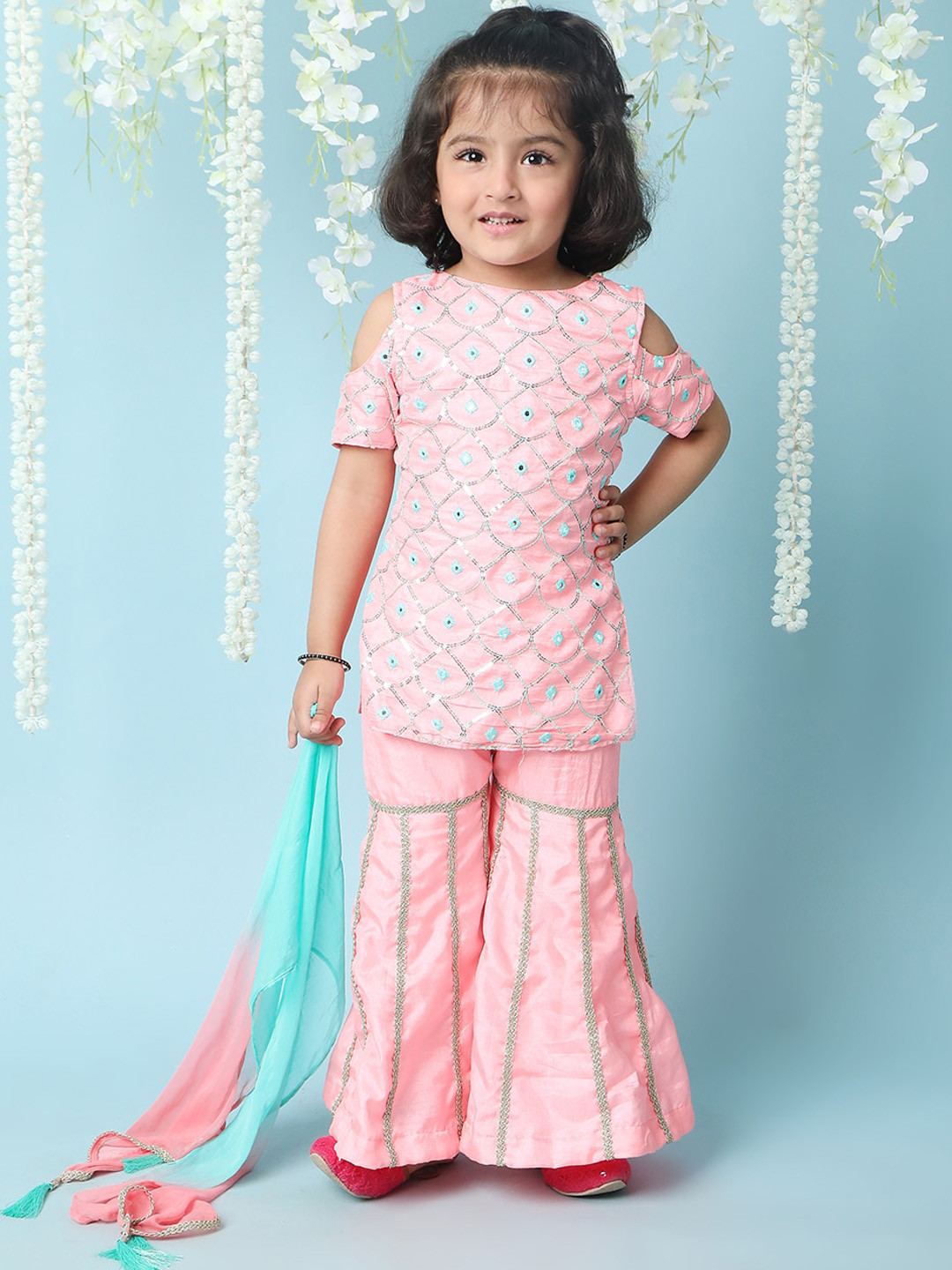 

KID1 Girls Pink Embroidered Kurti with Sharara & With Dupatta