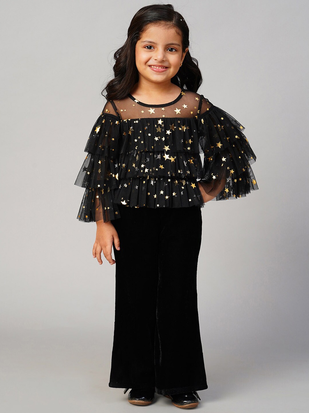 

LIL DRAMA Girls Glam Up Geometric Printed Round Neck Flared Sleeves Layered Regular Top, Black