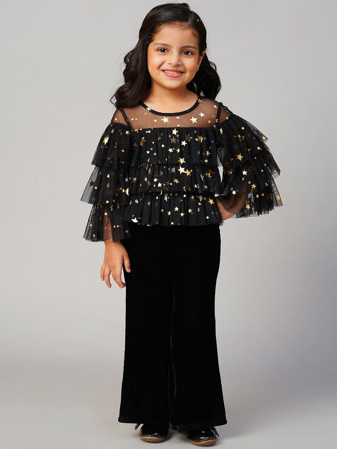 

LIL DRAMA Girls Glam Up Geometric Printed Round Neck Flared Sleeves Layered Regular Top, Black