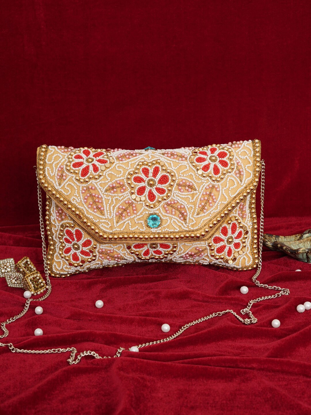 FABBHUE Embroidered Envelope Pure Cotton Clutch, Beige