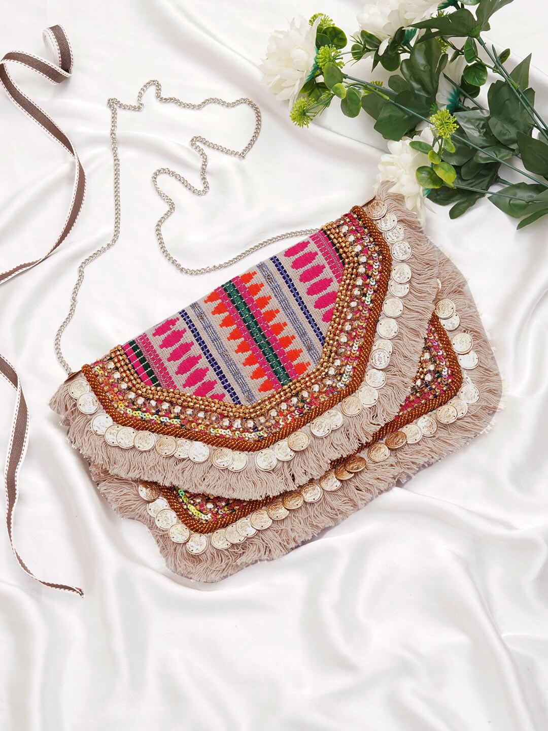 

FABBHUE Embroidered Foldover Clutch, Beige