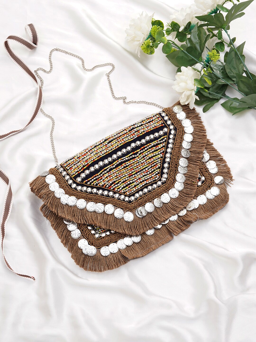 

FABBHUE Embroidered Foldover Clutch, Beige