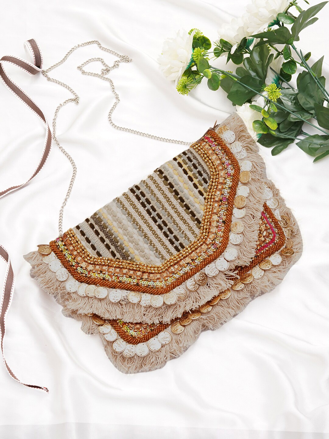 

FABBHUE Embroidered Jute Foldover Clutch, Beige