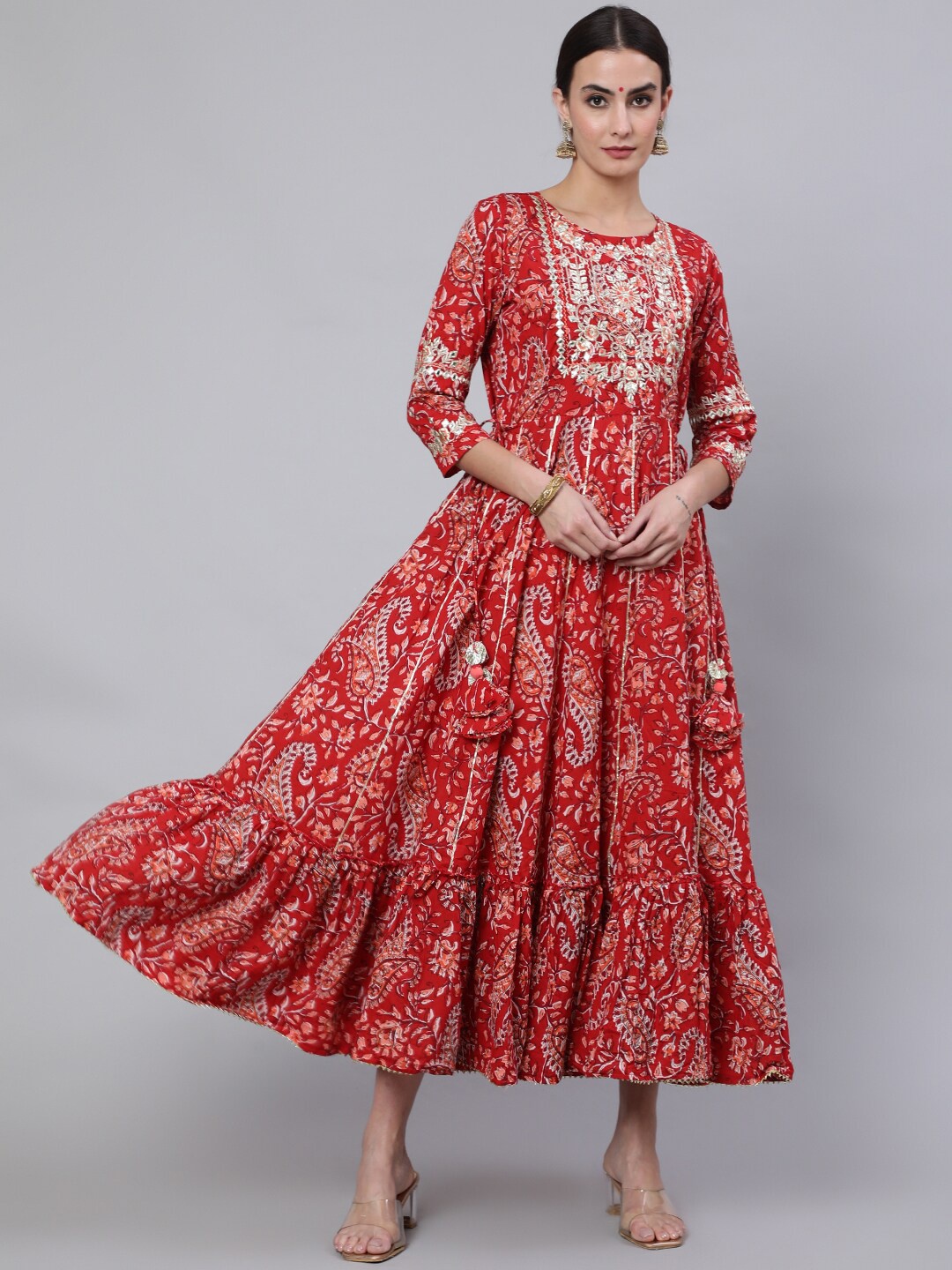 

BAESD Paisley Printed Pure Cotton Flared Maxi Ethnic Dress, Red