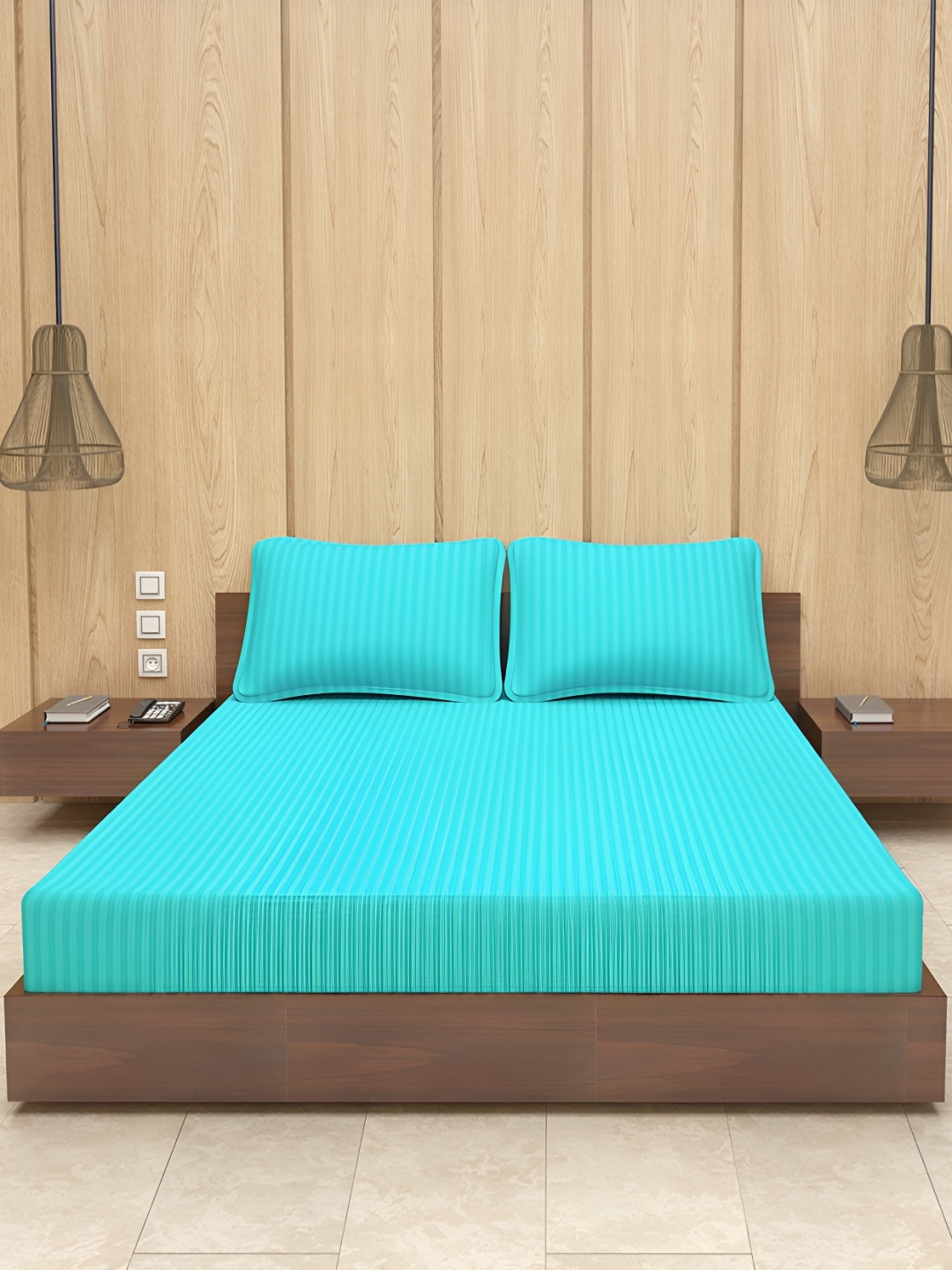 

Bevi Turquoise Blue Striped 180 TC King Bedsheet with 2 Pillow Covers