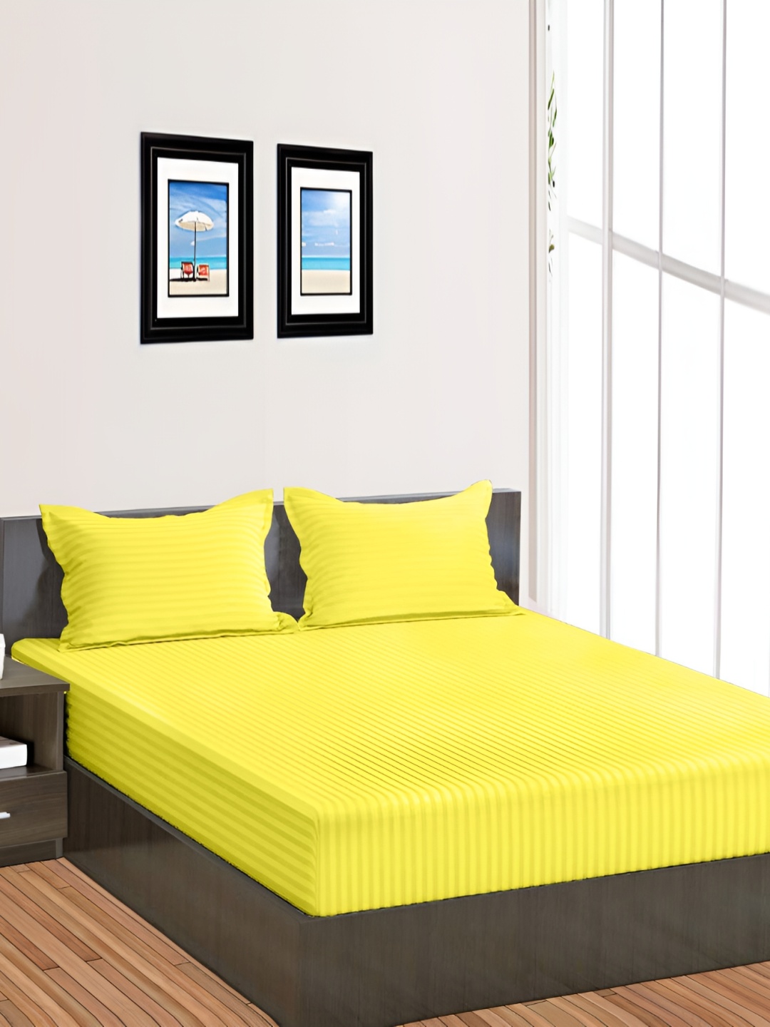 

Bevi Sea Yellow Striped 180 TC Microfiber 120 GSM King Bedsheet with 2 Pillow Cover