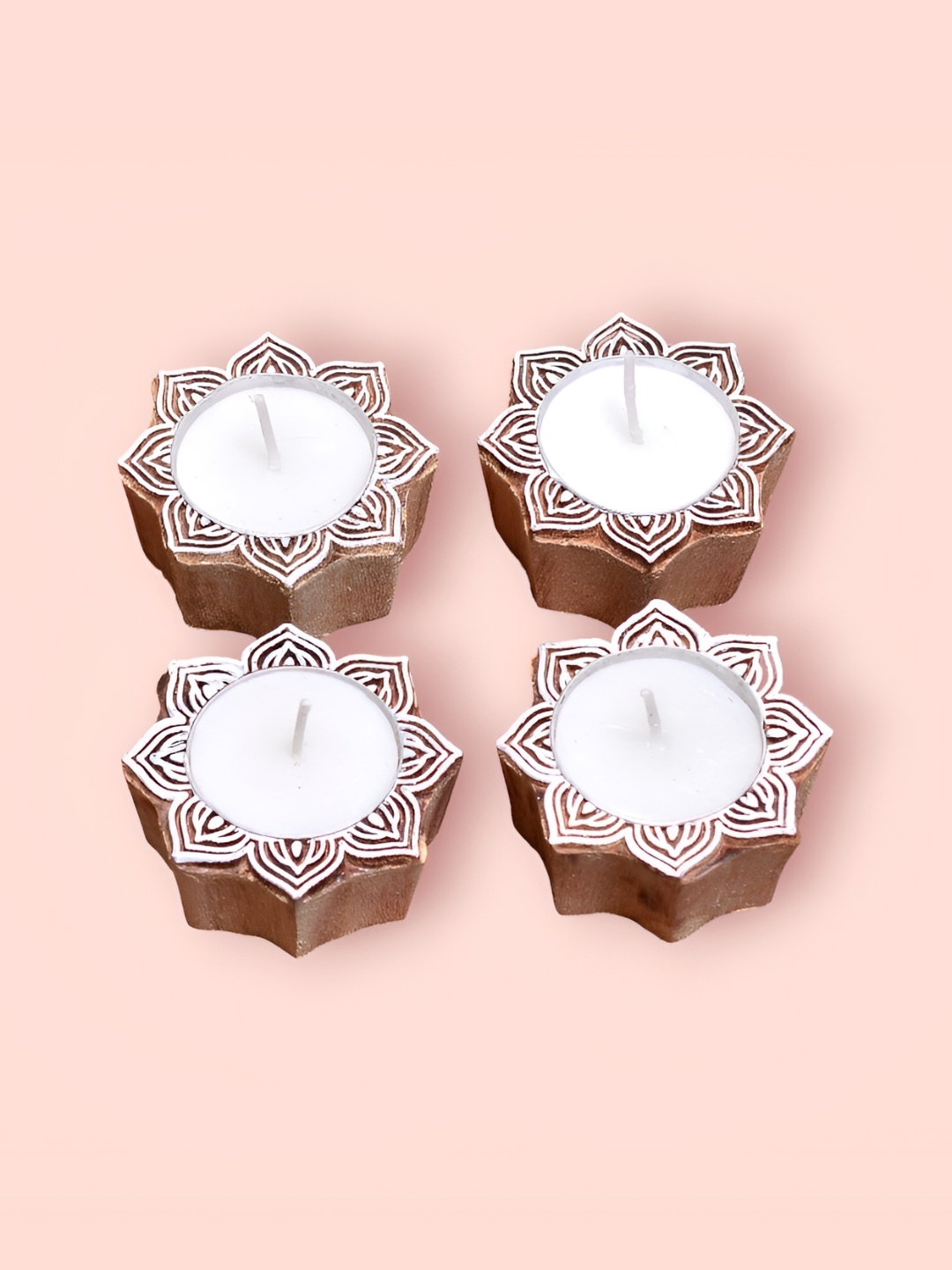 

CaratWala Brown 4 Pcs Textured Wooden Tealight Candle Holders