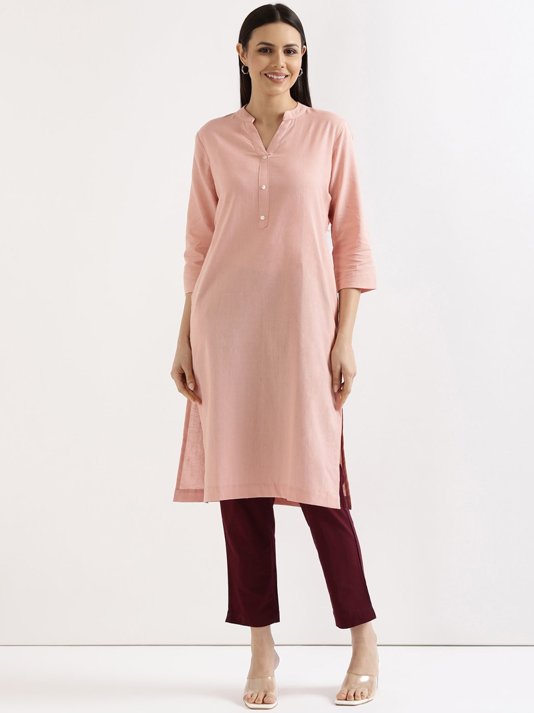 

SAADAA Mandarin Collar Cotton Linen Straight Kurta, Pink