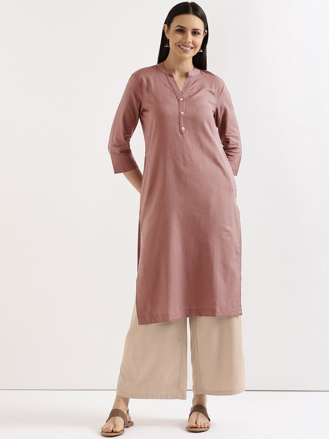 

SAADAA Mandarin Collar Cotton Straight Kurta, Rose