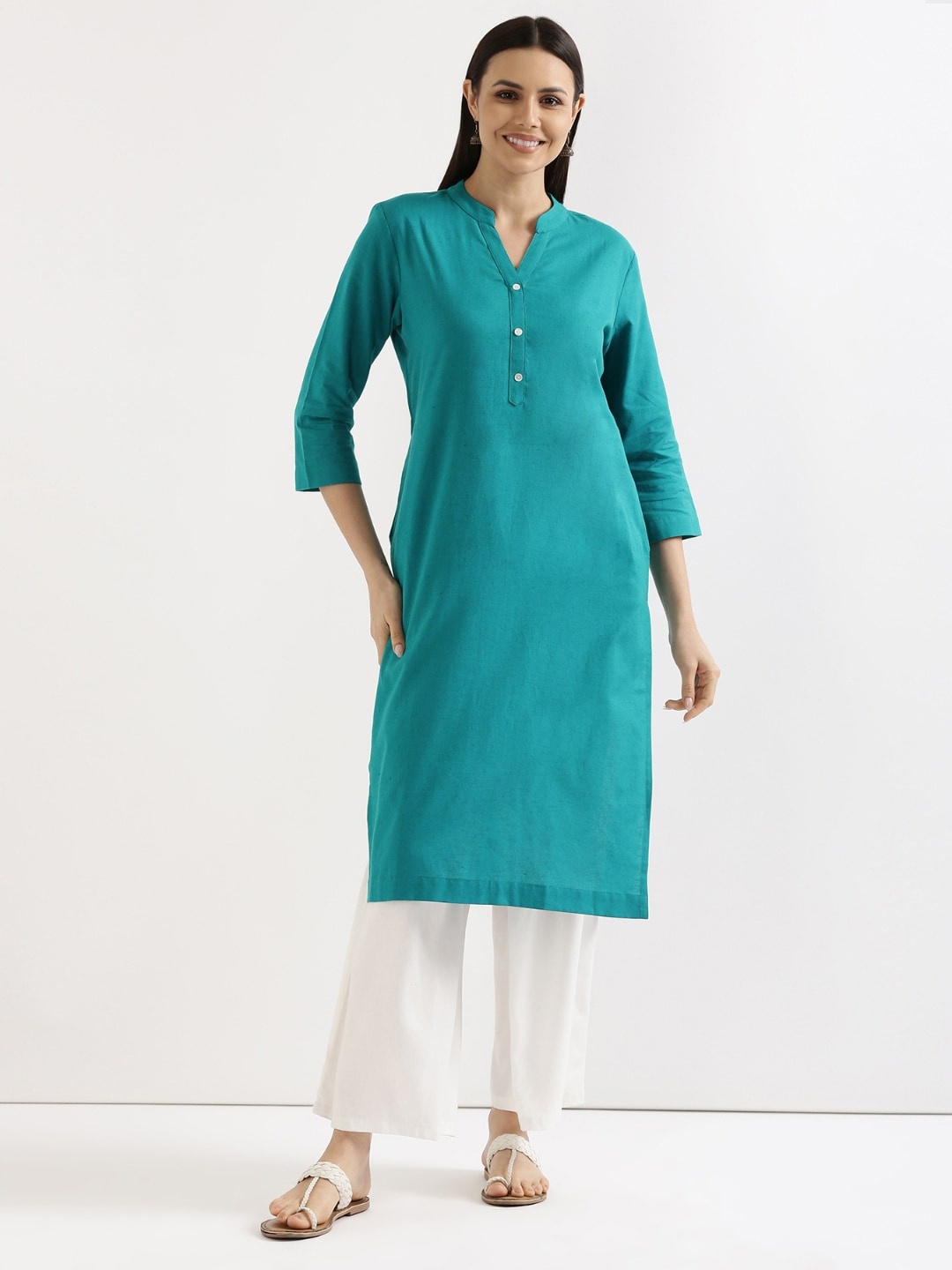 

SAADAA Mandarin Collar Cotton Linen Straight Kurta, Teal