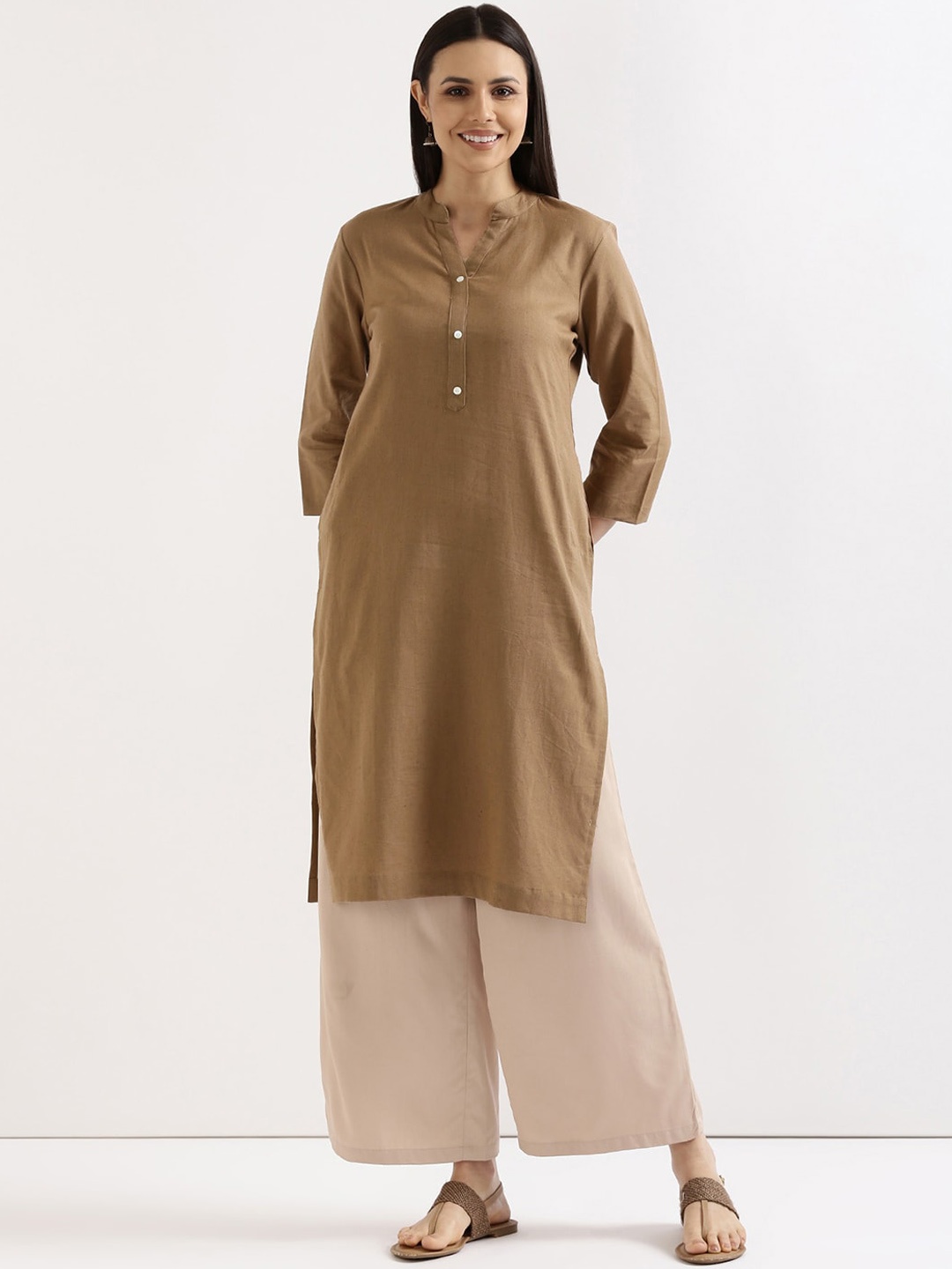 

SAADAA Mandarin Collar Cotton Linen Straight Kurta, Coffee brown