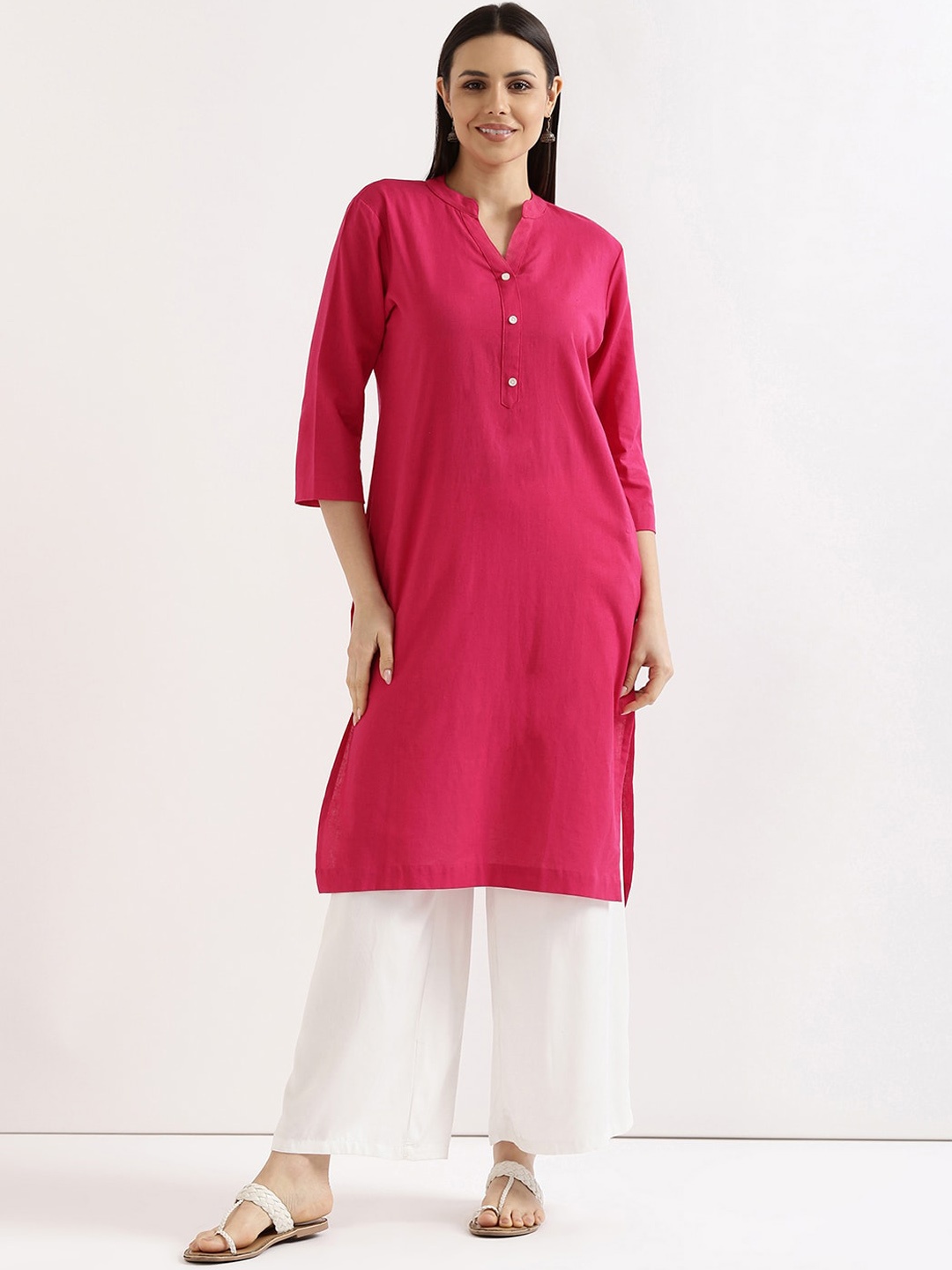 

SAADAA Mandarin Collar Cotton Linen Straight Kurta, Fuchsia