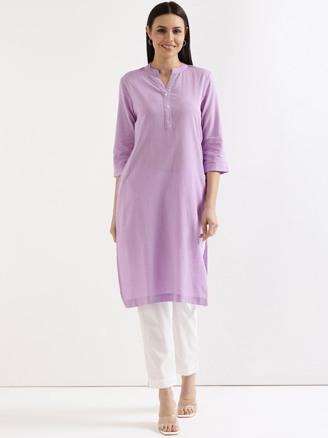 

SAADAA Mandarin Collar Cotton Linen Straight Kurta, Lavender