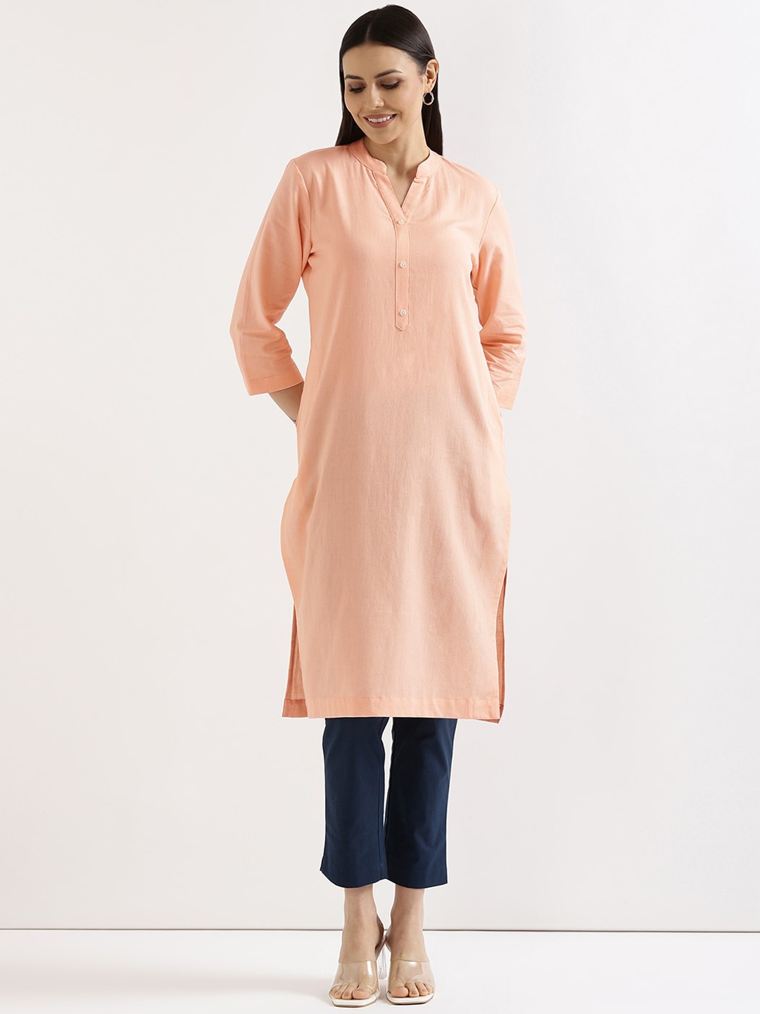 

SAADAA Mandarin Collar Three-Quarter Sleeves Straight Kurta, Peach