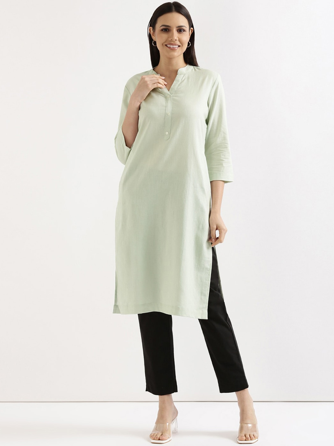 

SAADAA Mandarin Collar Cotton Linen Straight Kurta, Sea green