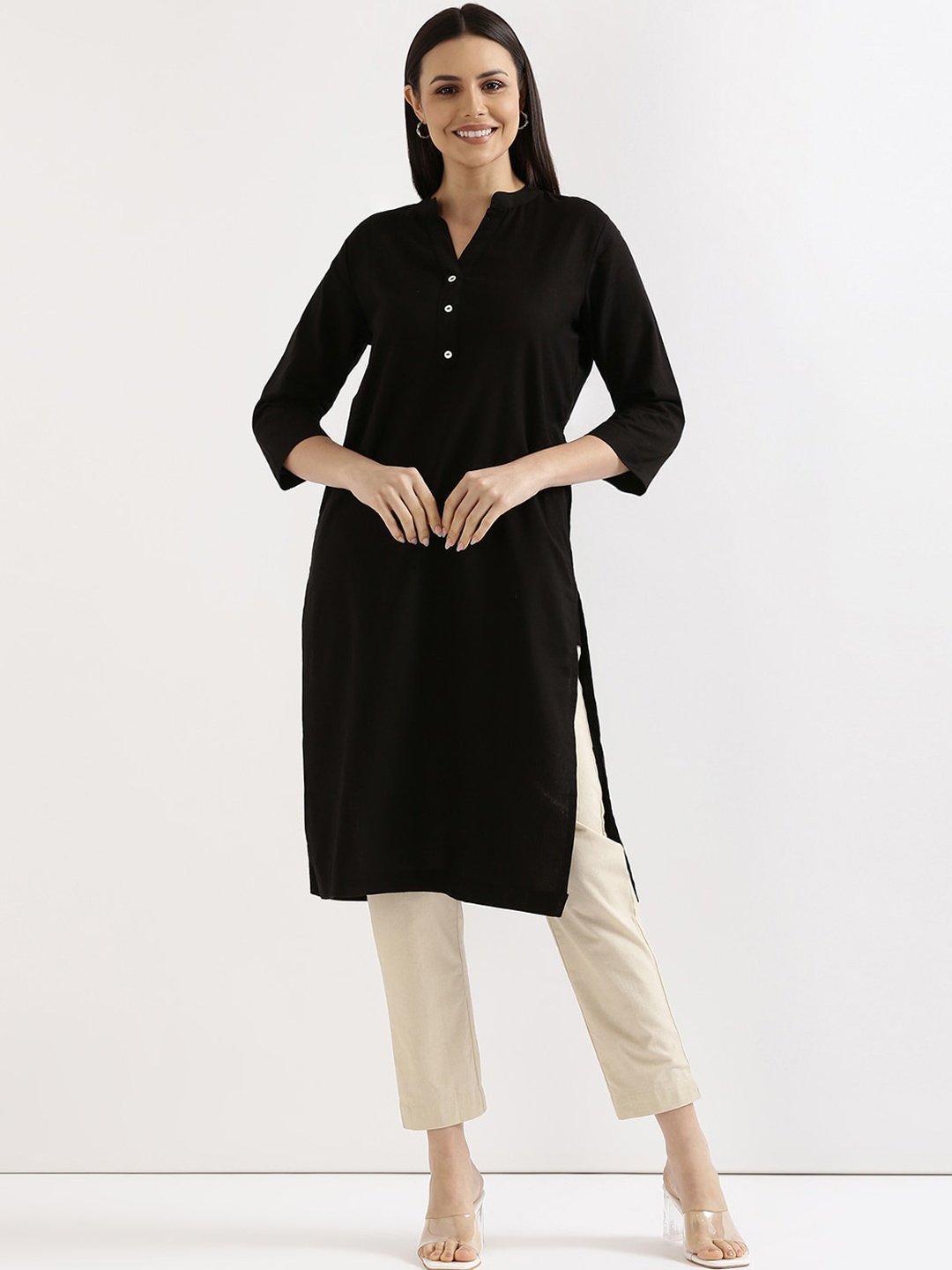 

SAADAA Mandarin Collar Cotton Linen Straight Kurta, Black
