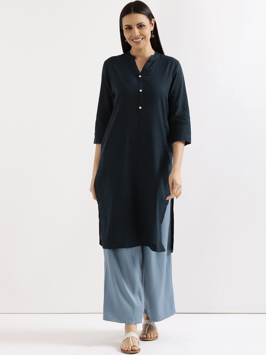 

SAADAA Mandarin Collar Cotton Linen Straight Kurta, Navy blue