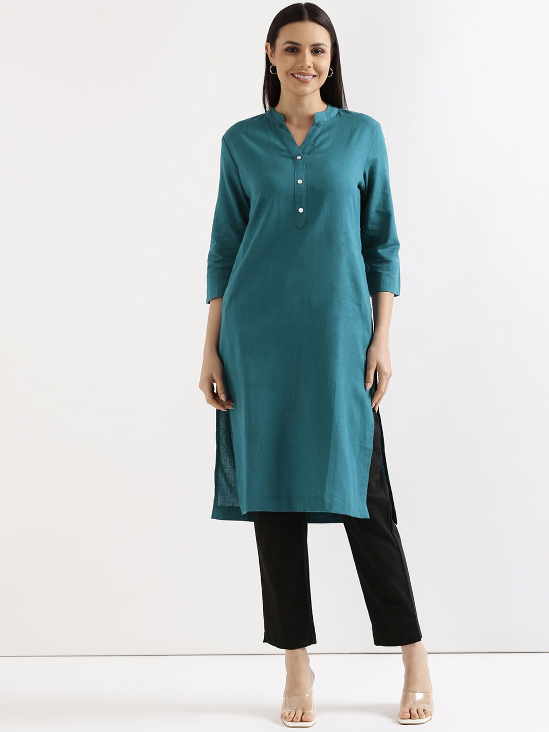 

SAADAA Mandarin Collar Three-Quarter Sleeves Straight Kurta, Turquoise blue