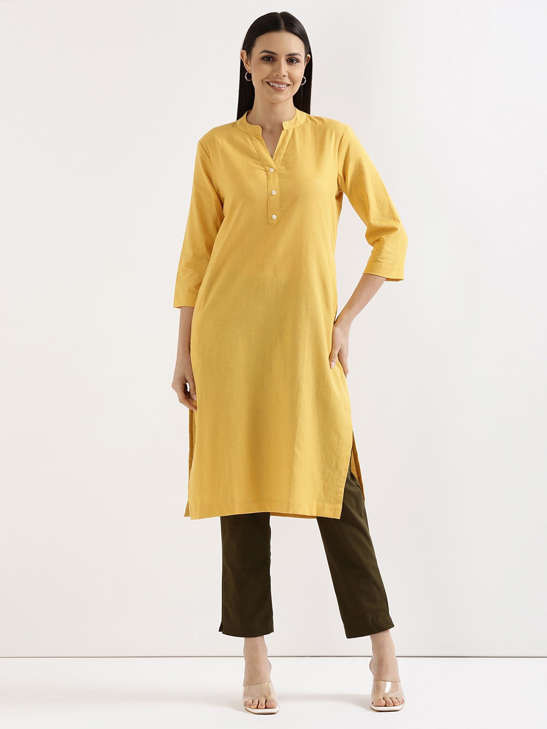 

SAADAA Mandarin Collar Cotton Linen Straight Kurta, Yellow