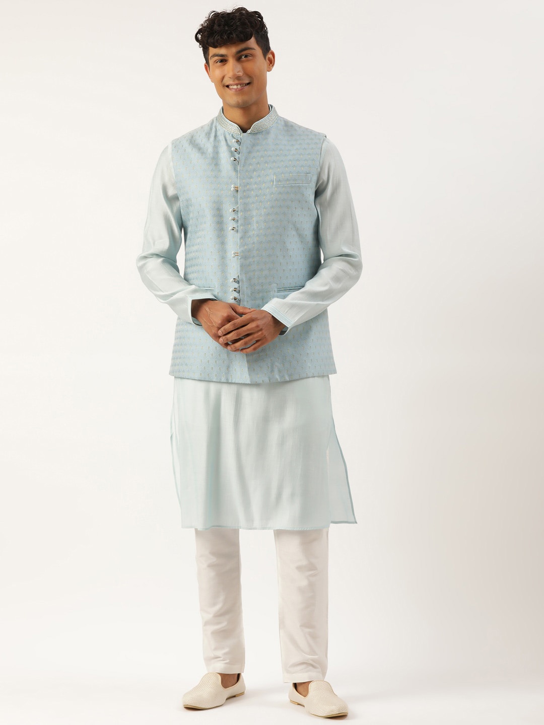 

TheEthnic.Co Mandarin Collar Long Sleeve Art Silk Kurta With Pyjamas & Nehru Jacket, Blue