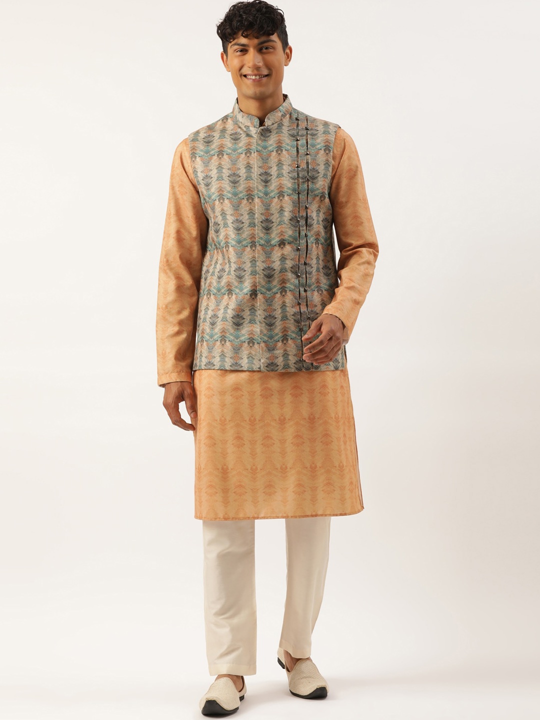 

TheEthnic.Co Ethnic Motifs Printed Straight Kurta & Pyjamas With Nehru Jacket, Beige