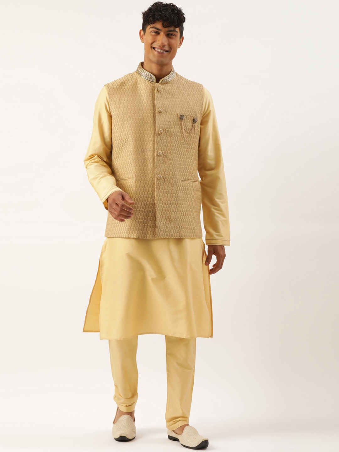 

TheEthnic.Co Mandarin Collar Art Silk Kurta With Churidar & Jacquard Nehru Jacket, Gold