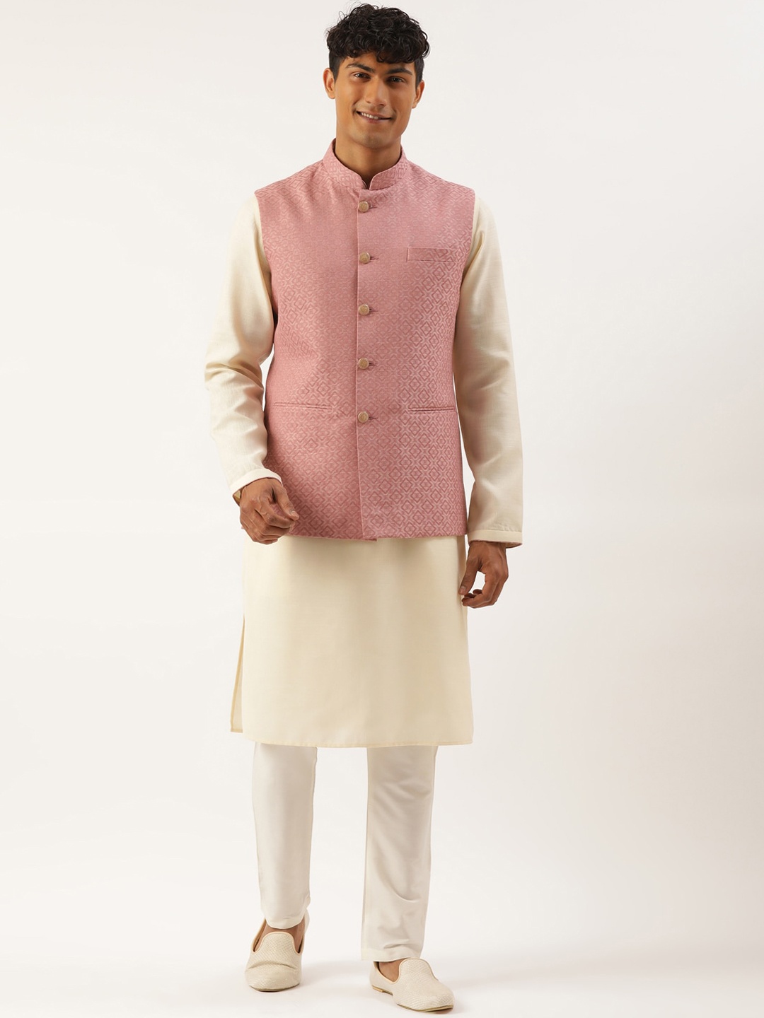 

TheEthnic.Co Mandarin Collar Pure Cotton Straight Kurta with Pyjamas With Nehru jacket, Cream