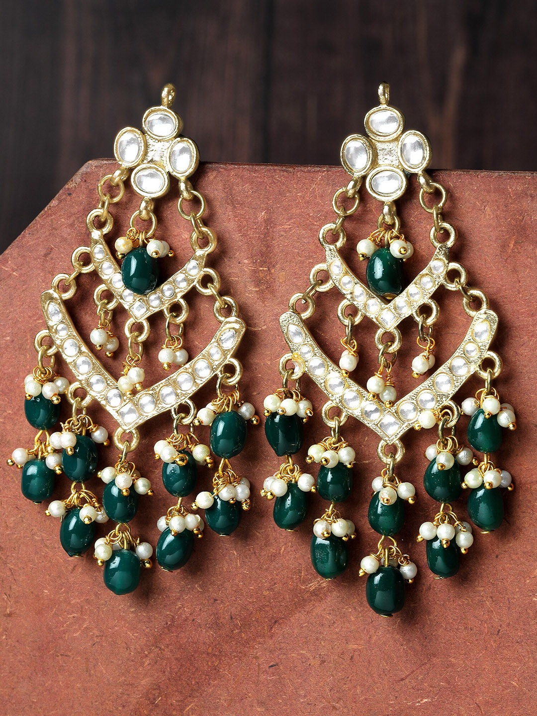 

KARATCART Gold-Plated Kundan-Studded Contemporary Drop Earrings, Green