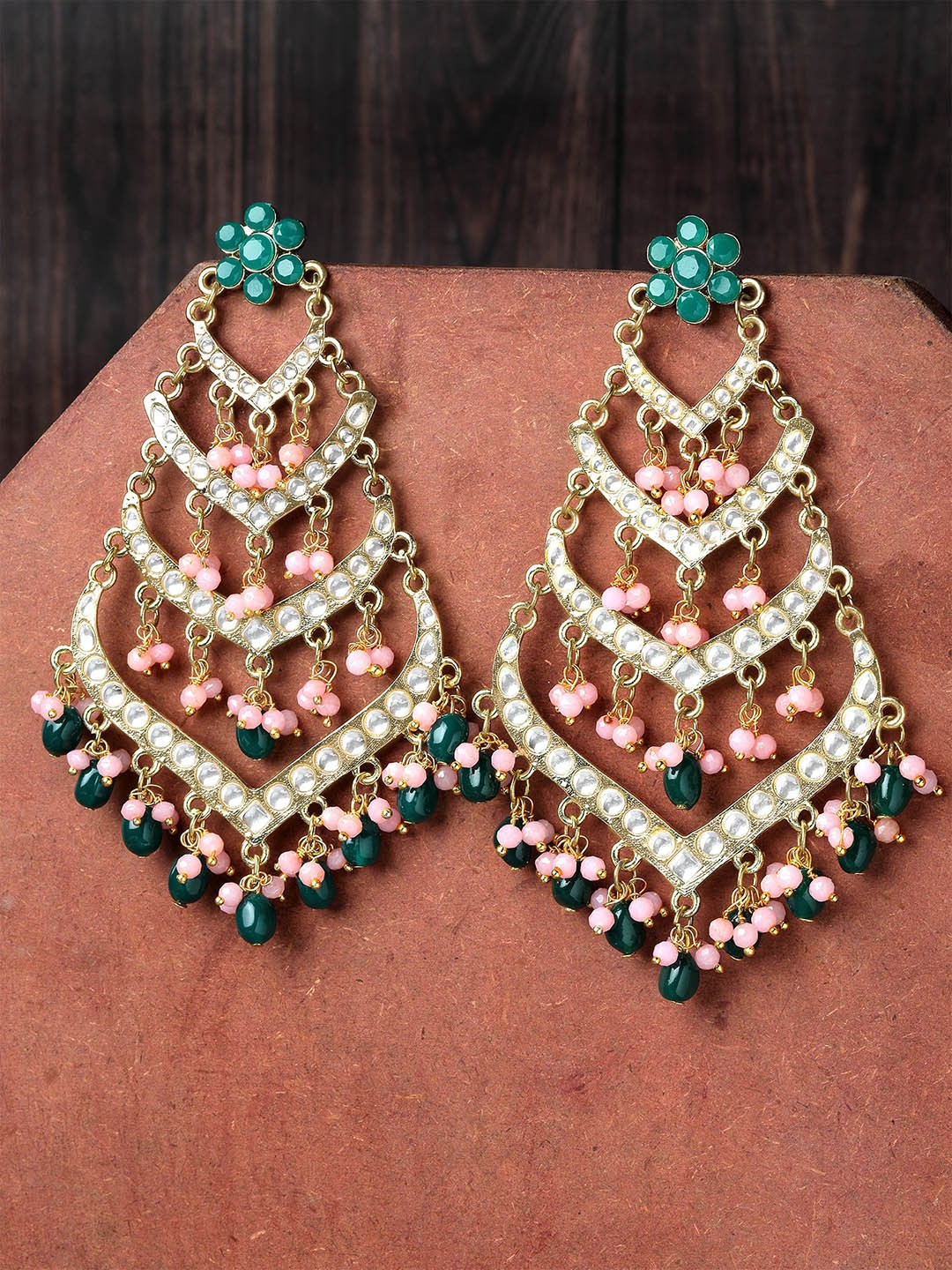 

KARATCART Gold Plated Kundan Studded & Beaded Drop Earrings